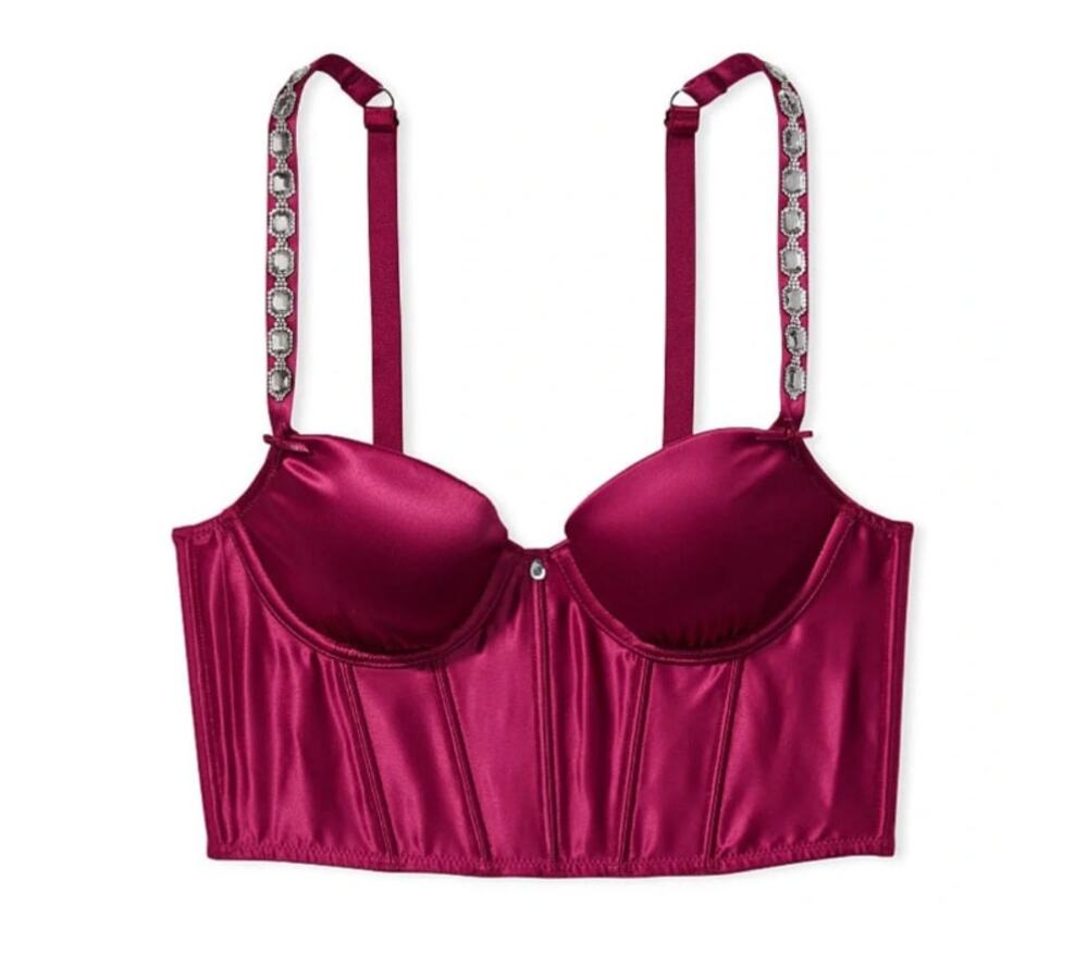 VICTORIA'S SECRET new Dream Angels Bejeweled Strap Satin Corset Top burgundy bra